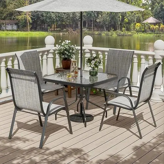 Patio Dining Set for 4, Outdoor Table and Chairs Set with Textured Glass Table, 4 Stackable Patio Chairs, Outdoor Furniture Set - Our3Designs