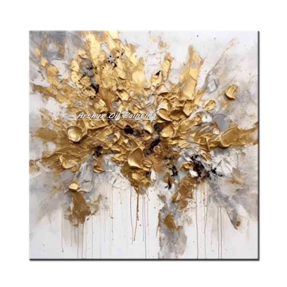 Arthyx Wall Art Picture Handpainted Texture Gold Flowers Oil Painting