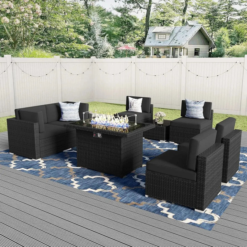 8 Pieces Patio Furniture Set with 44" Propane Gas Fire Pit Table, Outdoor Sectional Wicker Sofa Sets with Coffee Table Our3Designs