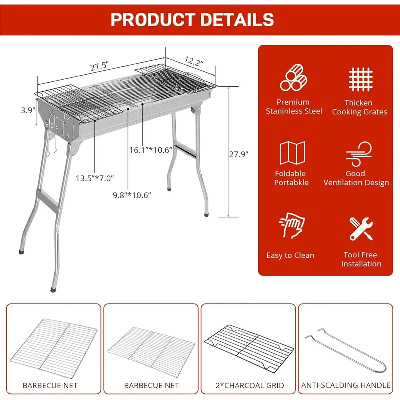 Portable Charcoal Grill 28"x13" – Foldable Stainless BBQ for Camping & Outdoors - Our3Designs