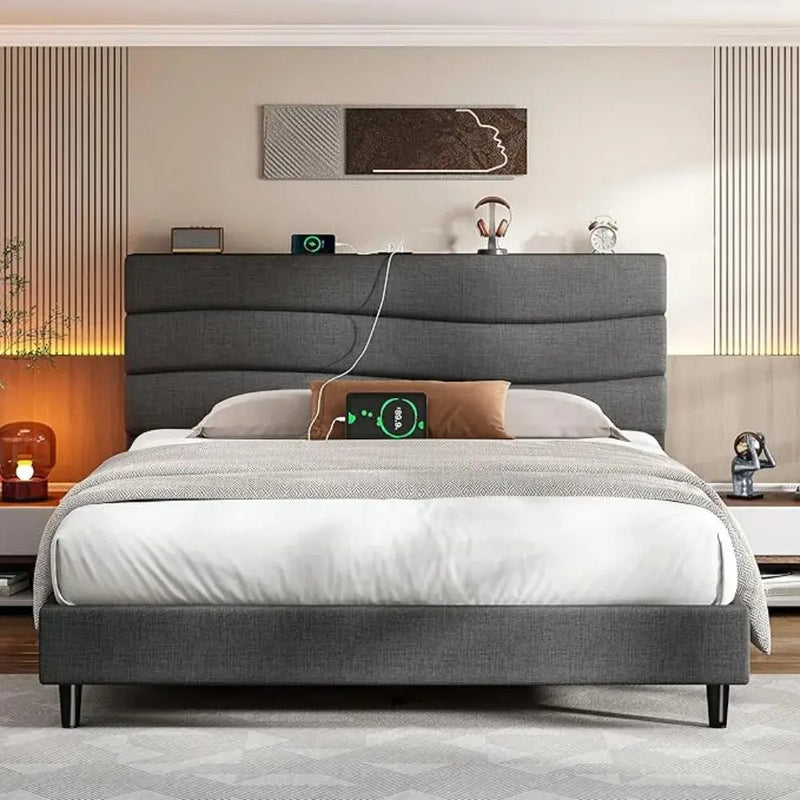 Queen Bed Frame w/Fabric Upholstered Headboard, Storage Headboard & Charging Station, Wooden Slats Support, No Box Spring Needed Our3Designs