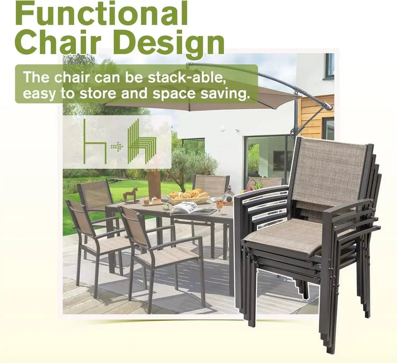 Patio Dining Set 7 Pieces Outdoor Furniture with Large Table and 6 Textilene Chairs for Porch, Brown Our3Designs