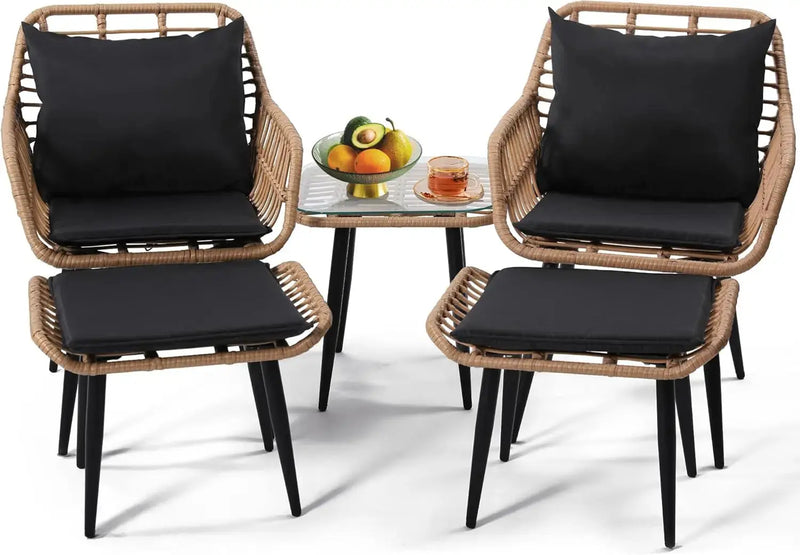 3-Piece Wicker Patio Set – 2 Rattan Chairs & Glass Table w/ Cushions Outdoor - Our3Designs