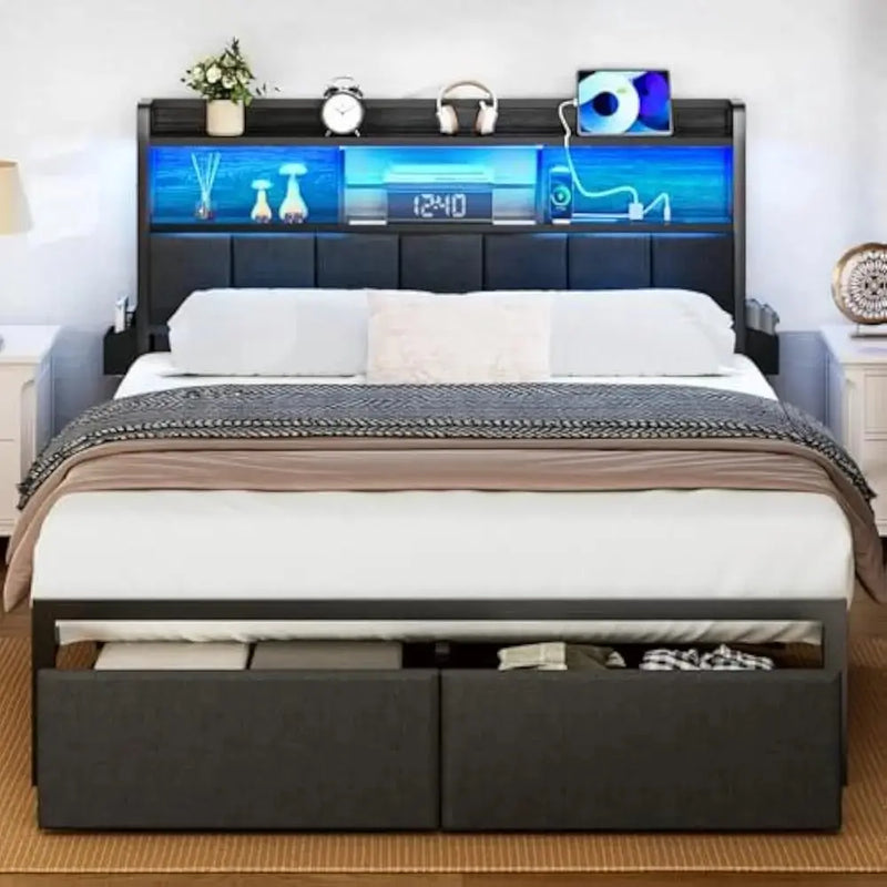 LED Queen Size Bed Frame with Storage Drawer and Charging Station, Metal Platform, No Box Spring Needed, Queen Size Bed Frame Our3Designs