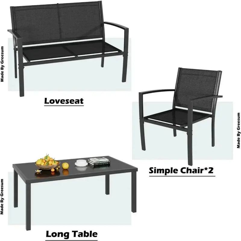 4-Piece Black Patio Furniture Set – Outdoor Conversation Set w/ Glass Table - Our3Designs
