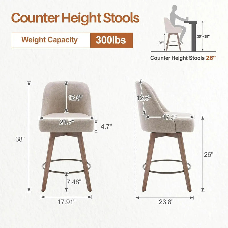 Counter Height Bar Stools Set of 3, Modern Mid-Century Swivel Barstools with Backs and Wood Legs. Our3Designs