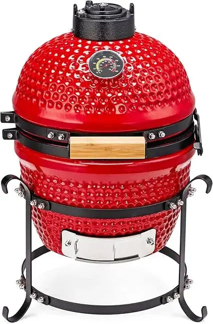13IN Red Spherical Ceramic Charcoal Grill with Inner Liner, Portable BBQ Smoker for Outdoor Cooking, Camping, and Backyard Gril - Our3Designs