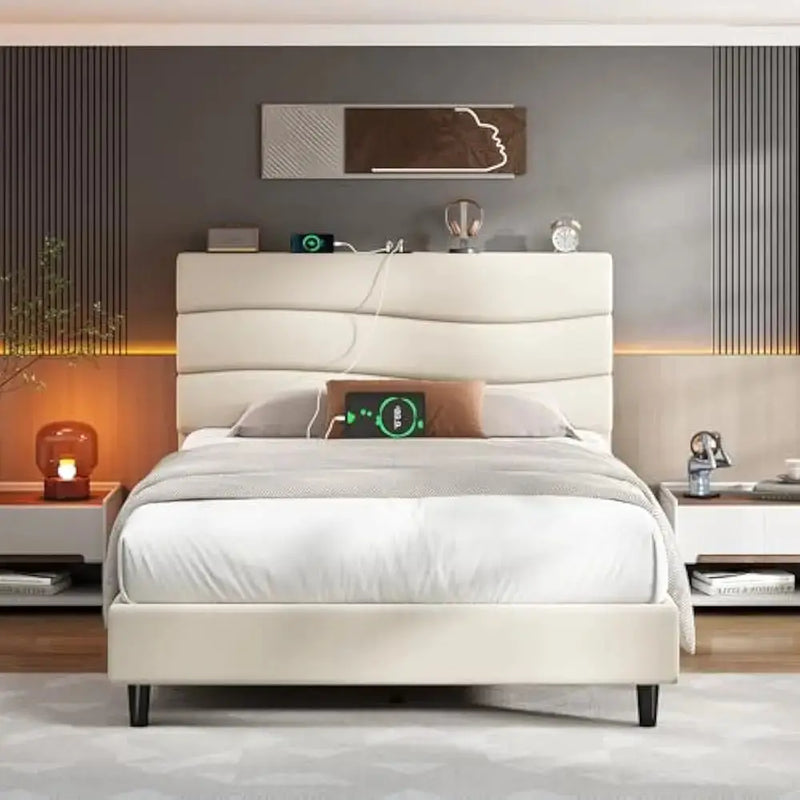 Queen Bed Frame w/Fabric Upholstered Headboard, Storage Headboard & Charging Station, Wooden Slats Support, No Box Spring Needed Our3Designs