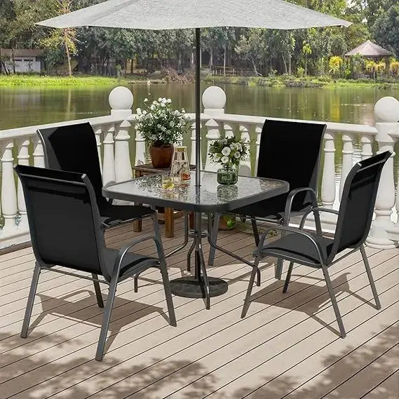 Patio Dining Set for 4, Outdoor Table and Chairs Set with Textured Glass Table, 4 Stackable Patio Chairs, Outdoor Furniture Set - Our3Designs