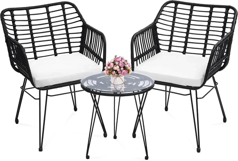 3-Piece Wicker Patio Set – 2 Rattan Chairs & Glass Table w/ Cushions Outdoor - Our3Designs