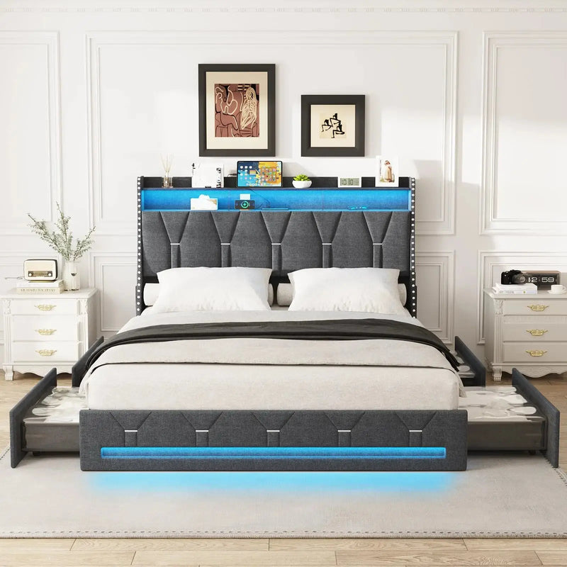 Vabches Queen Size Bed Frame with Headboard&4 Dustproof Storage Drawer Upholstered Platform Bed Frame with Power Strip&LED Light Our3Designs