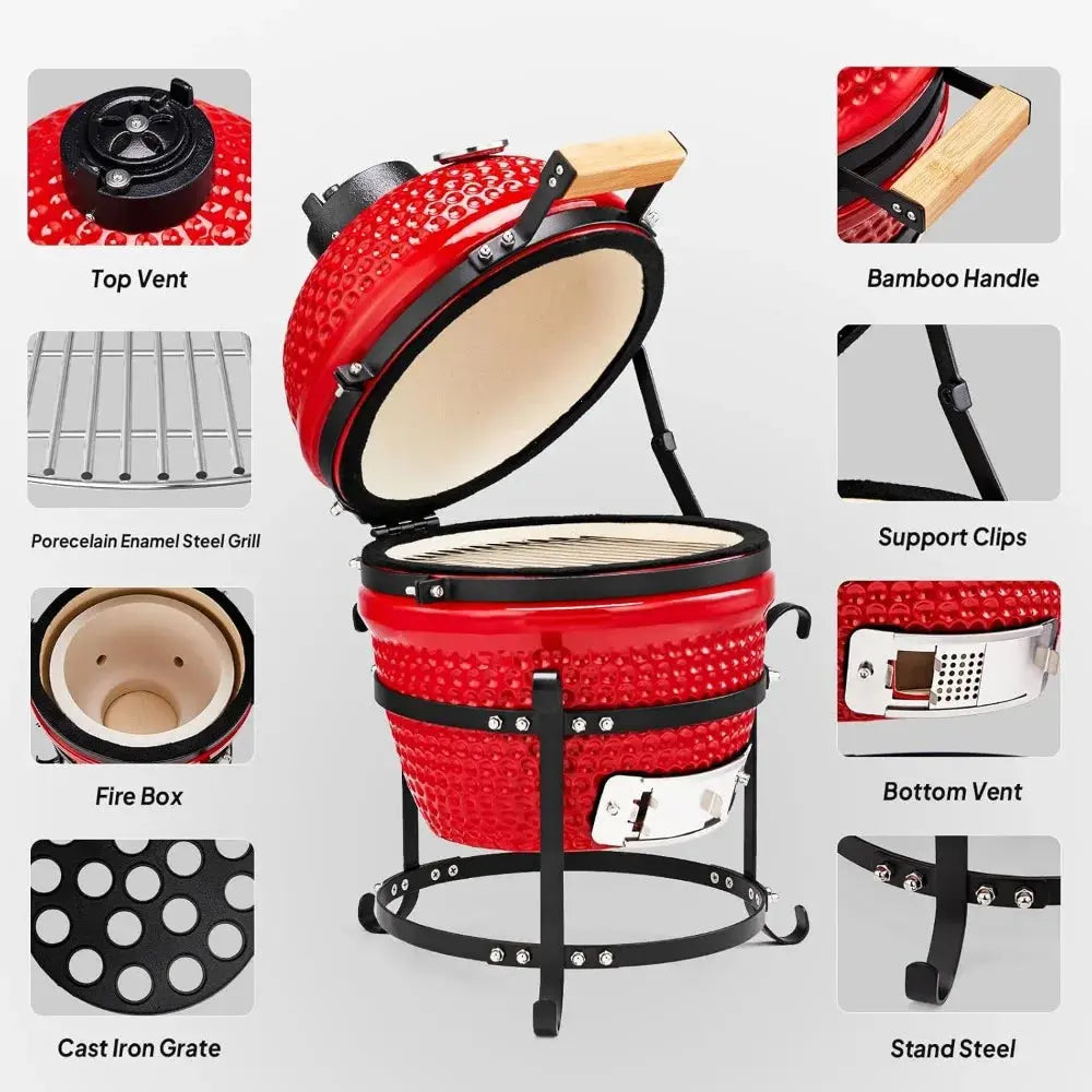 13IN Red Spherical Ceramic Charcoal Grill with Inner Liner, Portable BBQ Smoker for Outdoor Cooking, Camping, and Backyard Gril - Our3Designs