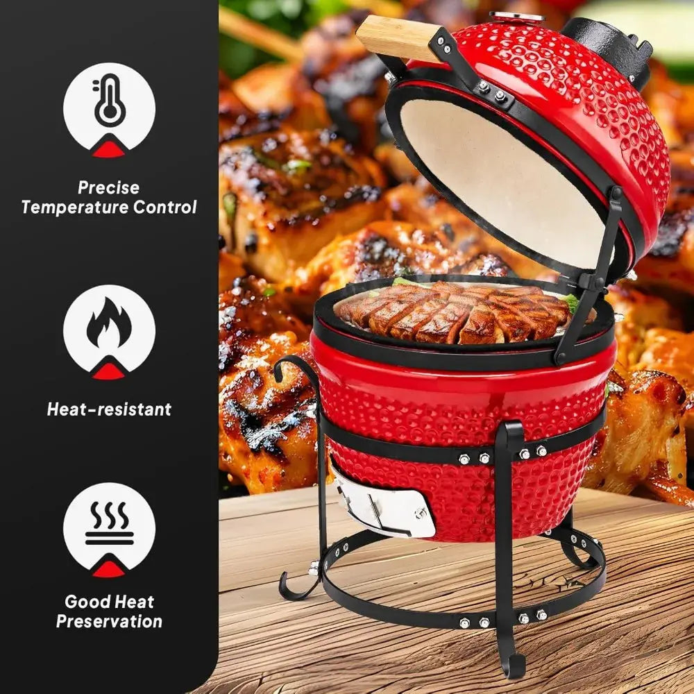 13IN Red Spherical Ceramic Charcoal Grill with Inner Liner, Portable BBQ Smoker for Outdoor Cooking, Camping, and Backyard Gril - Our3Designs