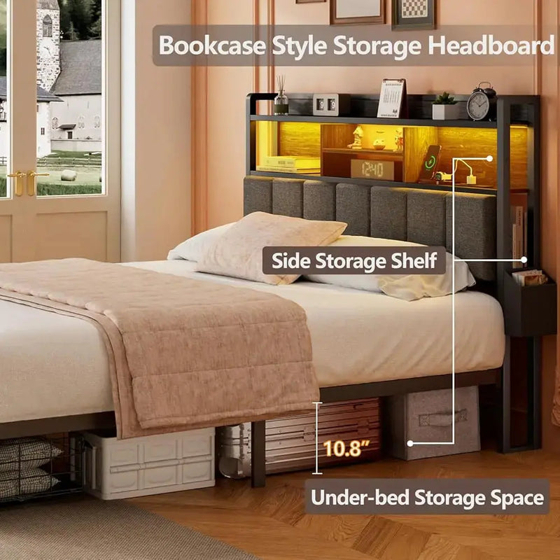 LED Queen Size Bed Frame with Storage Drawer and Charging Station, Metal Platform, No Box Spring Needed, Queen Size Bed Frame Our3Designs