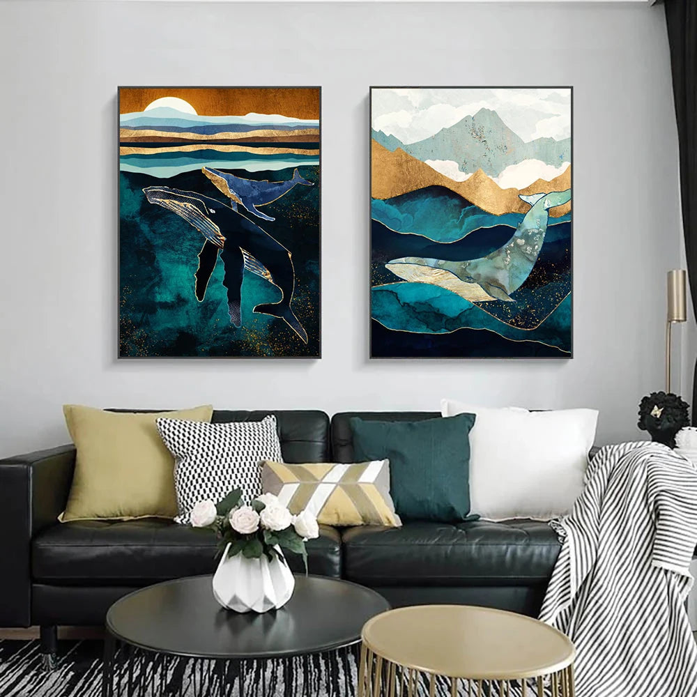 Nordic Style Watercolor Abstract Whale Sea Wall Art Poste