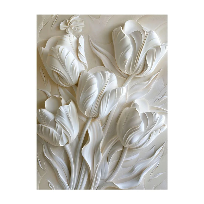 Modern Relief White Tulip Wall Art Decor Elegant Textured Flower Painting
