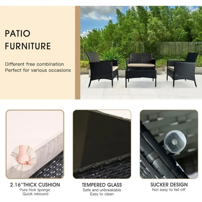 4 Piece Patio Furniture Set Sectional Table Chair, Wicker Sofa with Armrest Chair Loveseat and Rattan Side Table Our3Designs
