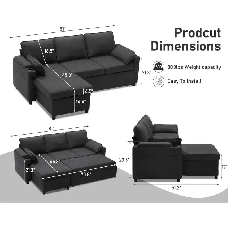 Sofa Bed, Wood Bedframe, for Living Room Bedroom Office, Pull Out Modular Sofa Bed Convertible Living Room Furniture Our3Designs