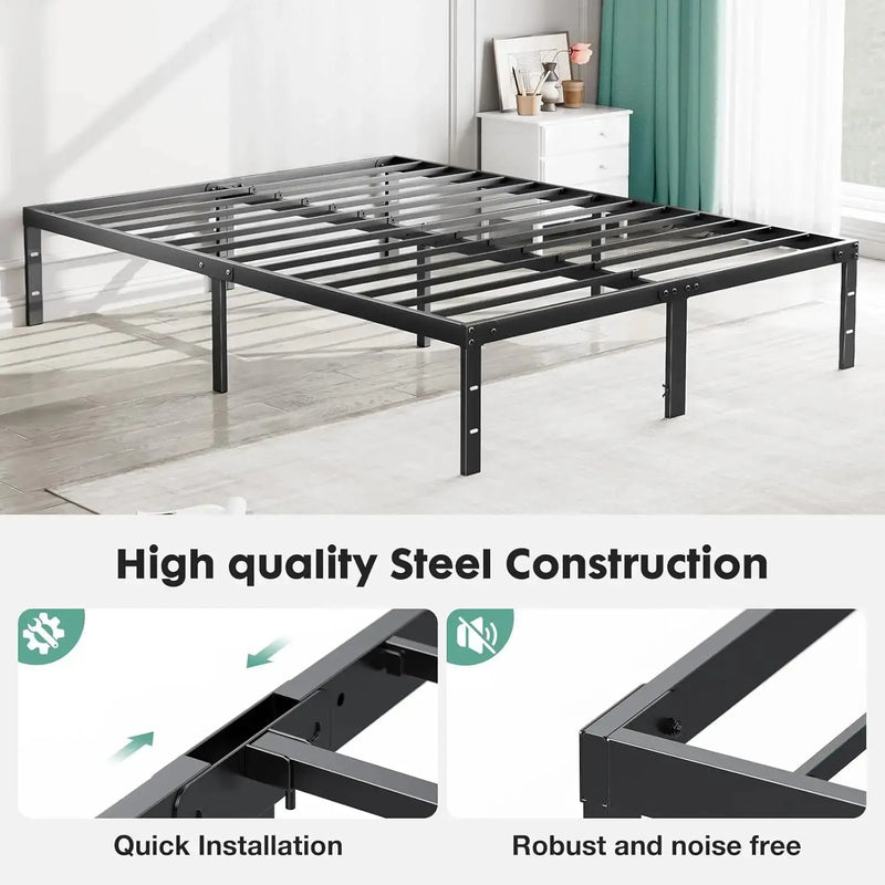 14 Inch High Full-size bed frame - Large heavy-duty metal platform beds frames w/storage space at the bottom, Full bed frame Our3Designs