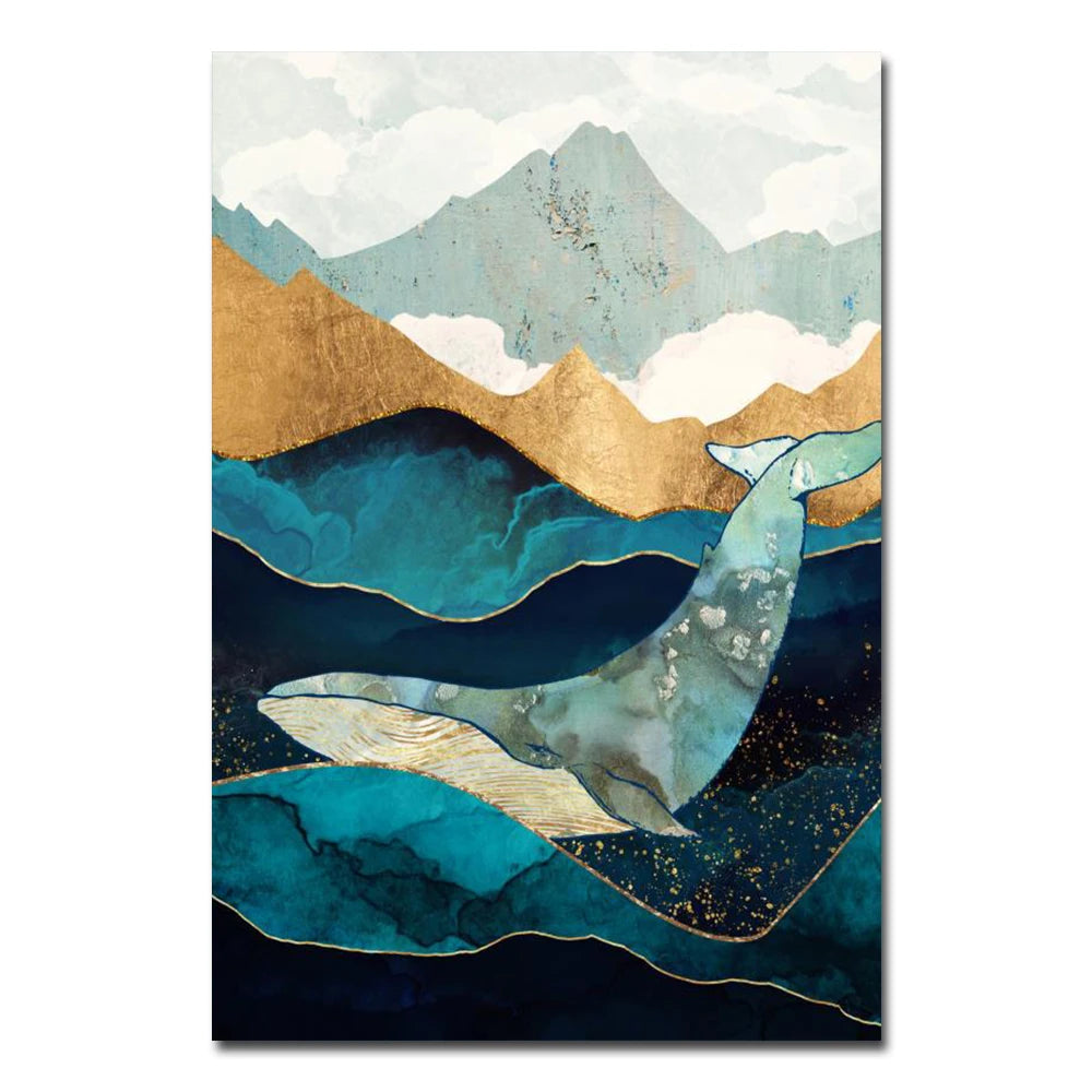 Nordic Style Watercolor Abstract Whale Sea Wall Art Poste