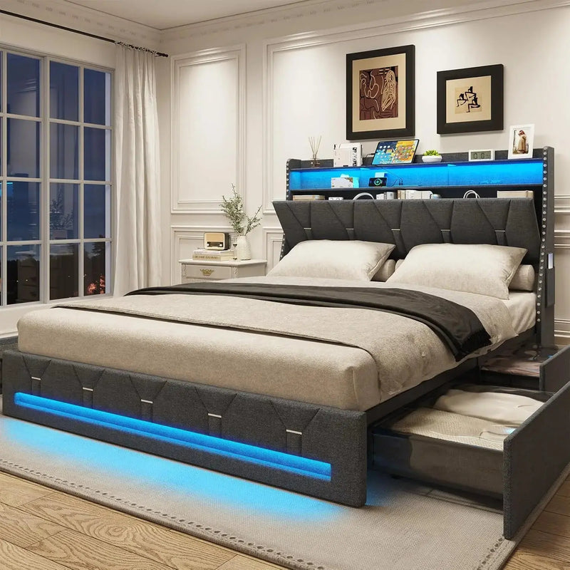 Vabches Queen Size Bed Frame with Headboard&4 Dustproof Storage Drawer Upholstered Platform Bed Frame with Power Strip&LED Light Our3Designs
