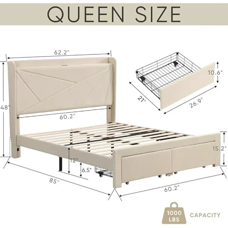 Upholstered Bed Frame w/Charging Station&2 Storage Drawers, Upholstered Headboard Platform Bed, No Box Spring Needed, Beds Frame Our3Designs