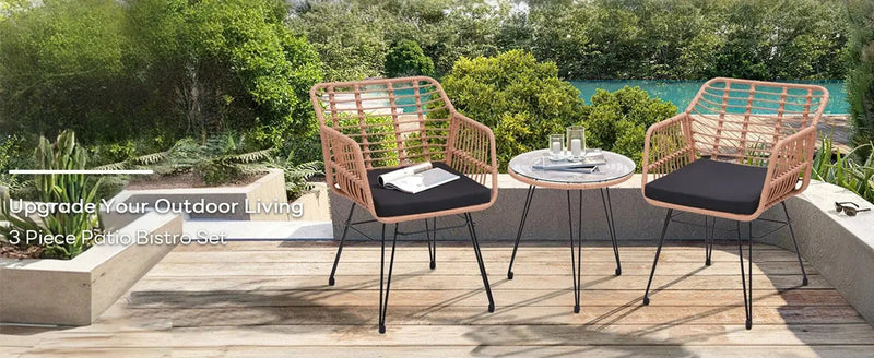 3-Piece Wicker Patio Set – 2 Rattan Chairs & Glass Table w/ Cushions Outdoor - Our3Designs