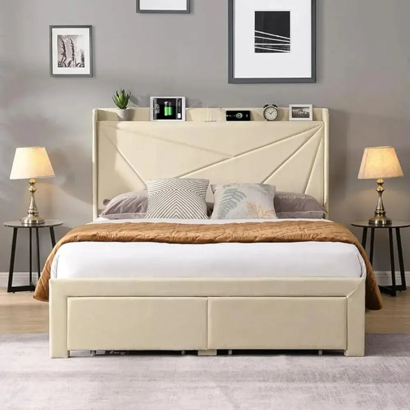 Upholstered Bed Frame w/Charging Station&2 Storage Drawers, Upholstered Headboard Platform Bed, No Box Spring Needed, Beds Frame Our3Designs