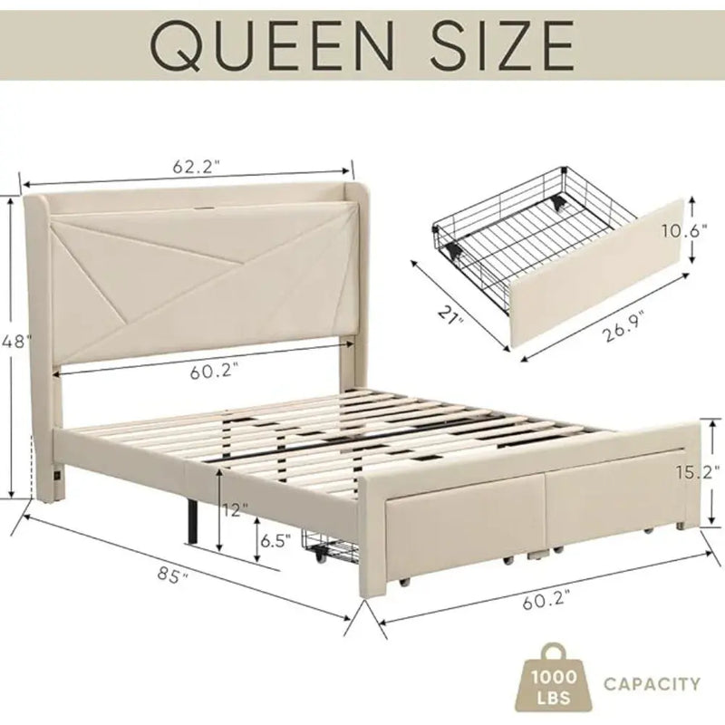 Upholstered Bed Frame w/Charging Station&2 Storage Drawers, Upholstered Headboard Platform Bed, No Box Spring Needed, Beds Frame Our3Designs