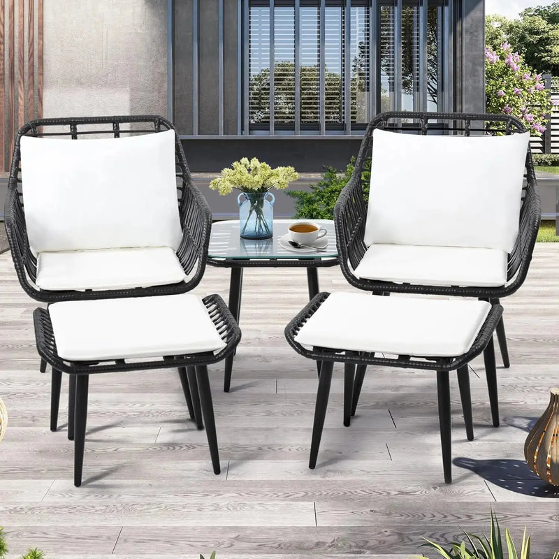 3-Piece Wicker Patio Set – 2 Rattan Chairs & Glass Table w/ Cushions Outdoor - Our3Designs