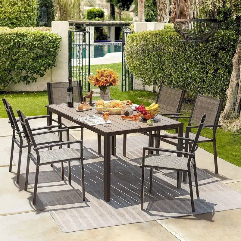 Patio Dining Set 7 Pieces Outdoor Furniture with Large Table and 6 Textilene Chairs for Porch, Brown Our3Designs