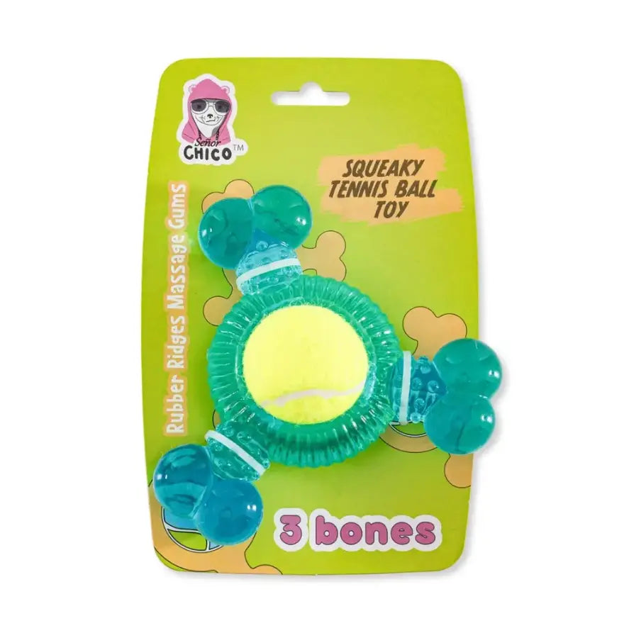 3-Bone TPR Chew Toy with Squeaker & Tennis Ball for Dogs – Removable Ball & Interactive Play American Pet Supplies