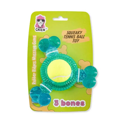 3-Bone TPR Chew Toy with Squeaker & Tennis Ball for Dogs – Removable Ball & Interactive Play American Pet Supplies