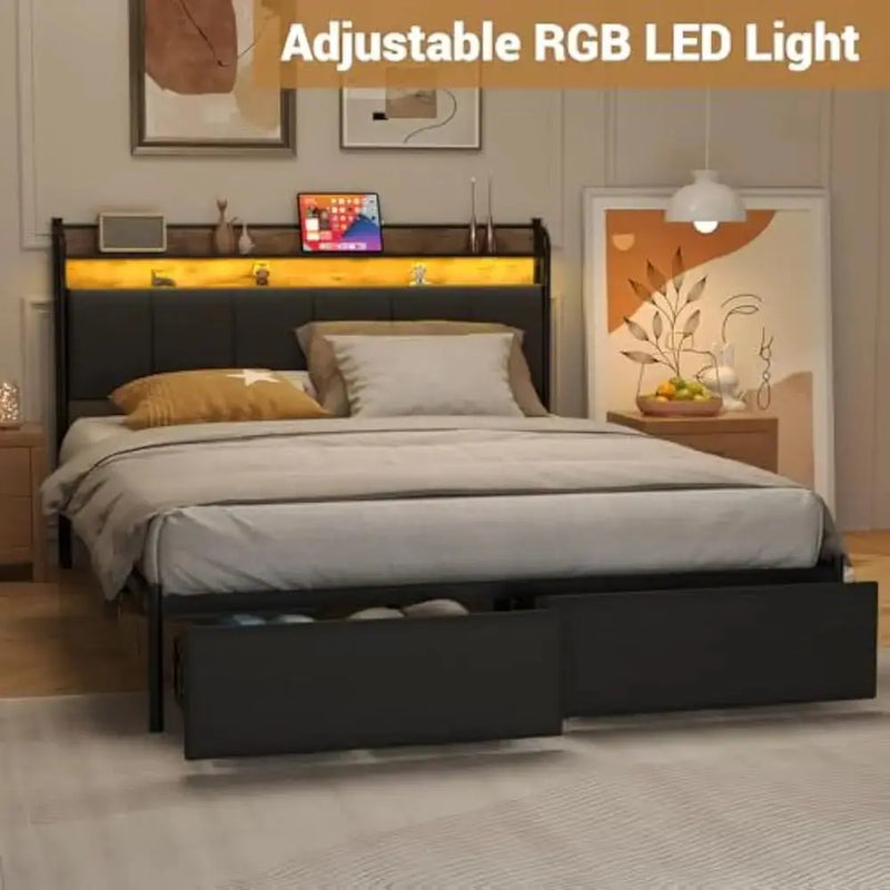 LED Queen Size Bed Frame with Storage Drawer and Charging Station, Metal Platform, No Box Spring Needed, Queen Size Bed Frame Our3Designs