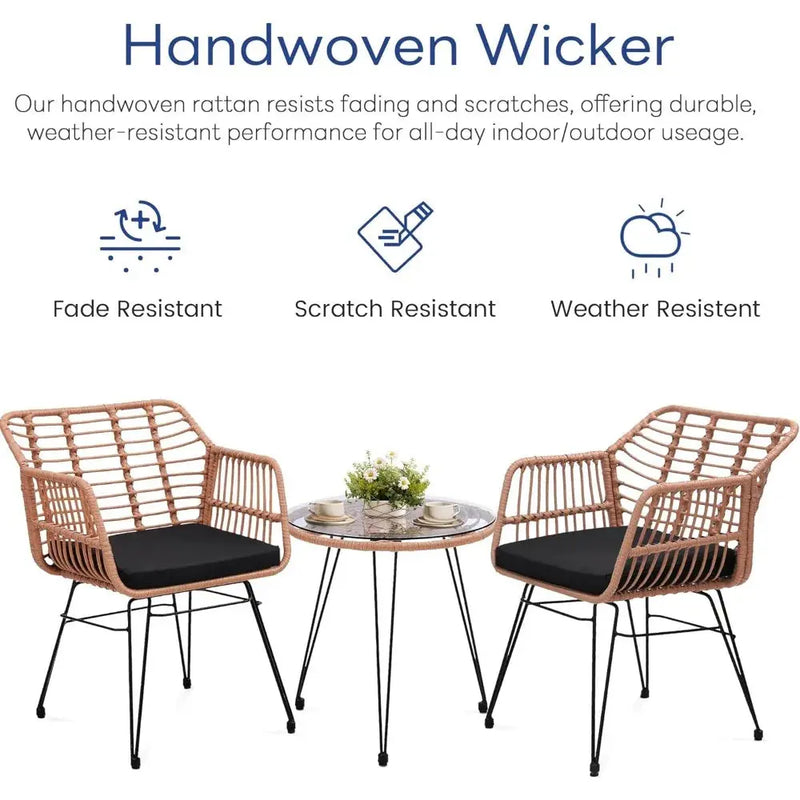 3-Piece Wicker Patio Set – 2 Rattan Chairs & Glass Table w/ Cushions Outdoor - Our3Designs