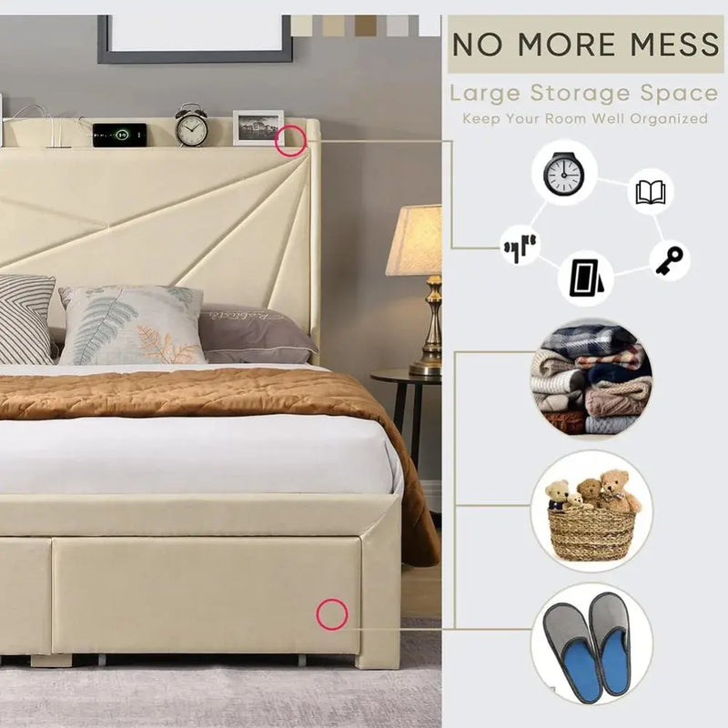 Upholstered Bed Frame w/Charging Station&2 Storage Drawers, Upholstered Headboard Platform Bed, No Box Spring Needed, Beds Frame Our3Designs