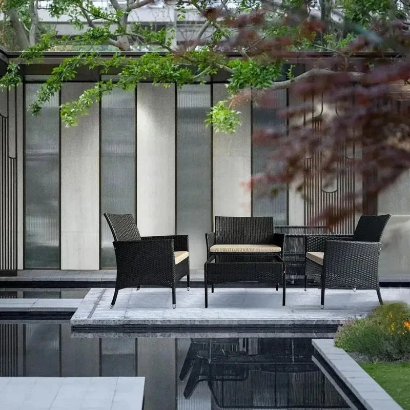4 Piece Patio Furniture Set Sectional Table Chair, Wicker Sofa with Armrest Chair Loveseat and Rattan Side Table Our3Designs