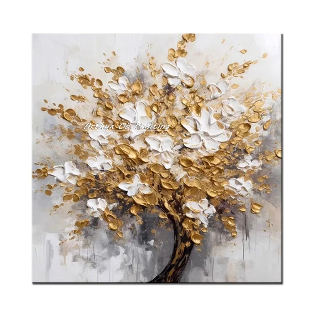 Arthyx Wall Art Picture Handpainted Texture Gold Flowers Oil Painting