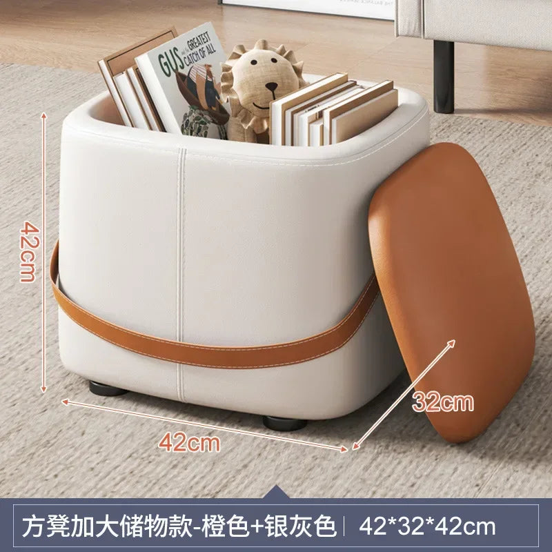 Hallway With Box Storage Stool PU Leather Pouf Household Shoe Stool