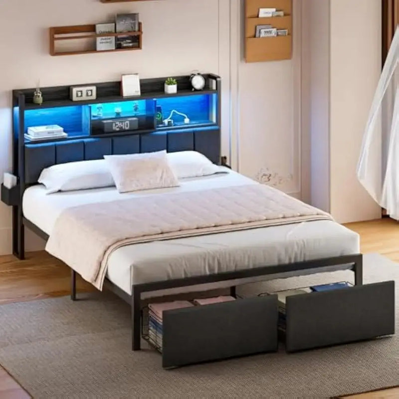 LED Queen Size Bed Frame with Storage Drawer and Charging Station, Metal Platform, No Box Spring Needed, Queen Size Bed Frame Our3Designs