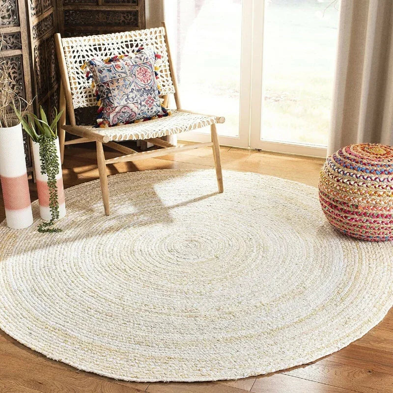 White Rug Natural Jute Handmade Reversible Carpet Modern Living Floor Area Rugs