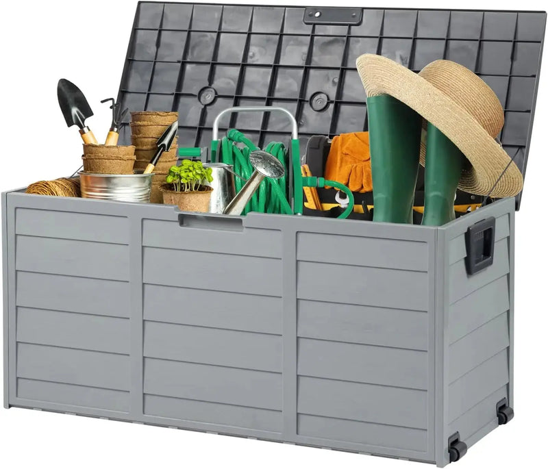 Upgraded 75 Gallon Outdoor Storage Box, Lockable Plastic Storage Containers with Lid, Patio Deck Box Furniture for Garden Our3Designs