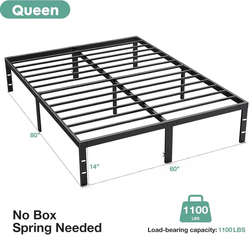 14 Inch High Full-size bed frame - Large heavy-duty metal platform beds frames w/storage space at the bottom, Full bed frame Our3Designs