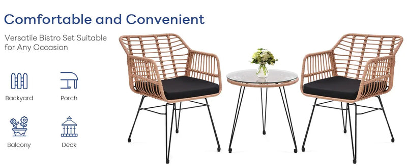 3-Piece Wicker Patio Set – 2 Rattan Chairs & Glass Table w/ Cushions Outdoor - Our3Designs