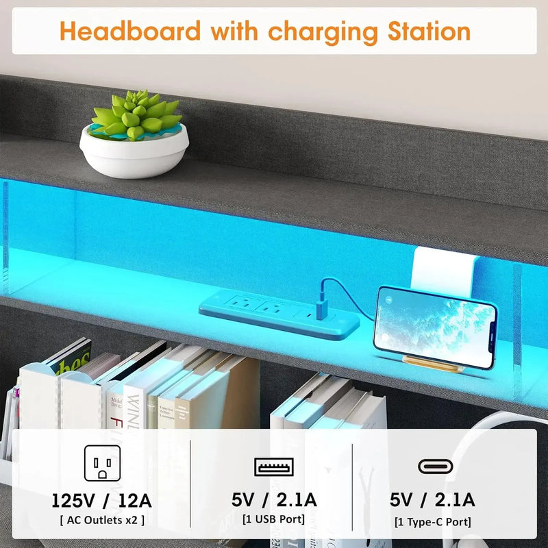 Vabches Queen Size Bed Frame with Headboard&4 Dustproof Storage Drawer Upholstered Platform Bed Frame with Power Strip&LED Light Our3Designs
