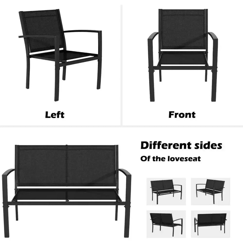 4-Piece Black Patio Furniture Set – Outdoor Conversation Set w/ Glass Table - Our3Designs