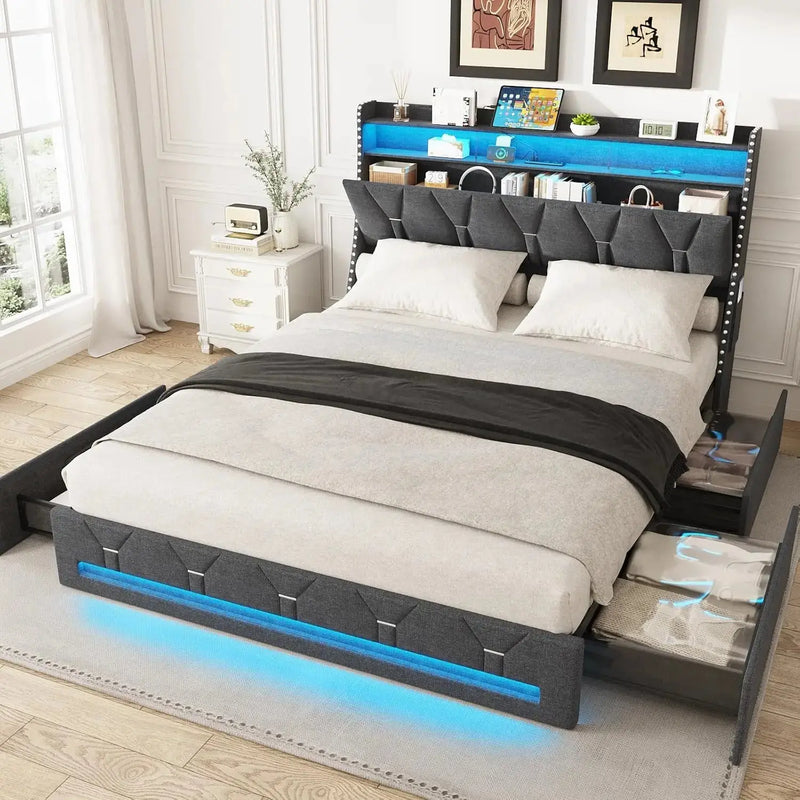 Vabches Queen Size Bed Frame with Headboard&4 Dustproof Storage Drawer Upholstered Platform Bed Frame with Power Strip&LED Light Our3Designs