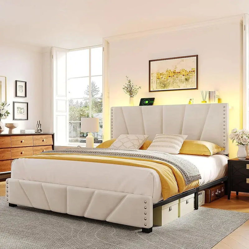 LED Bed Frame, Velvet Storage Headboard with Charging Station, Easy Assembly Bed Frame w/Sturdy Wooden Slats Support, Noise-Free Our3Designs