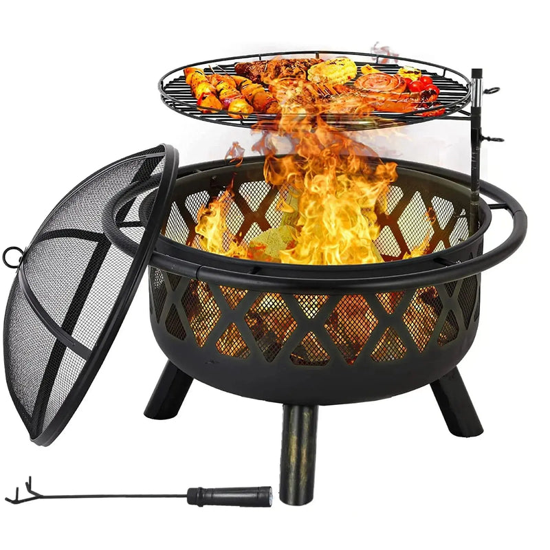 Multifunctional Fire Pit Fire Bowl With Spark Guard& Grill Grate Height Adjustable Garden Patio Fire Pit For Heating BBQ Outdoor Our3Designs