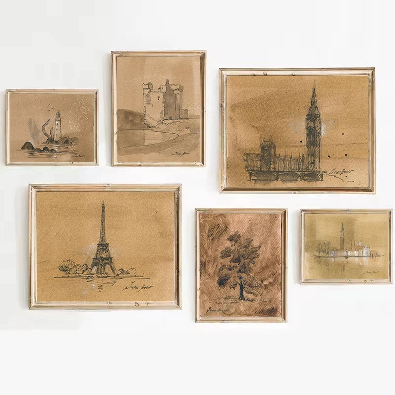 Anitique Castle,Eiffel Tower,Big Ben Travel City Sketch Minimalist Drawing